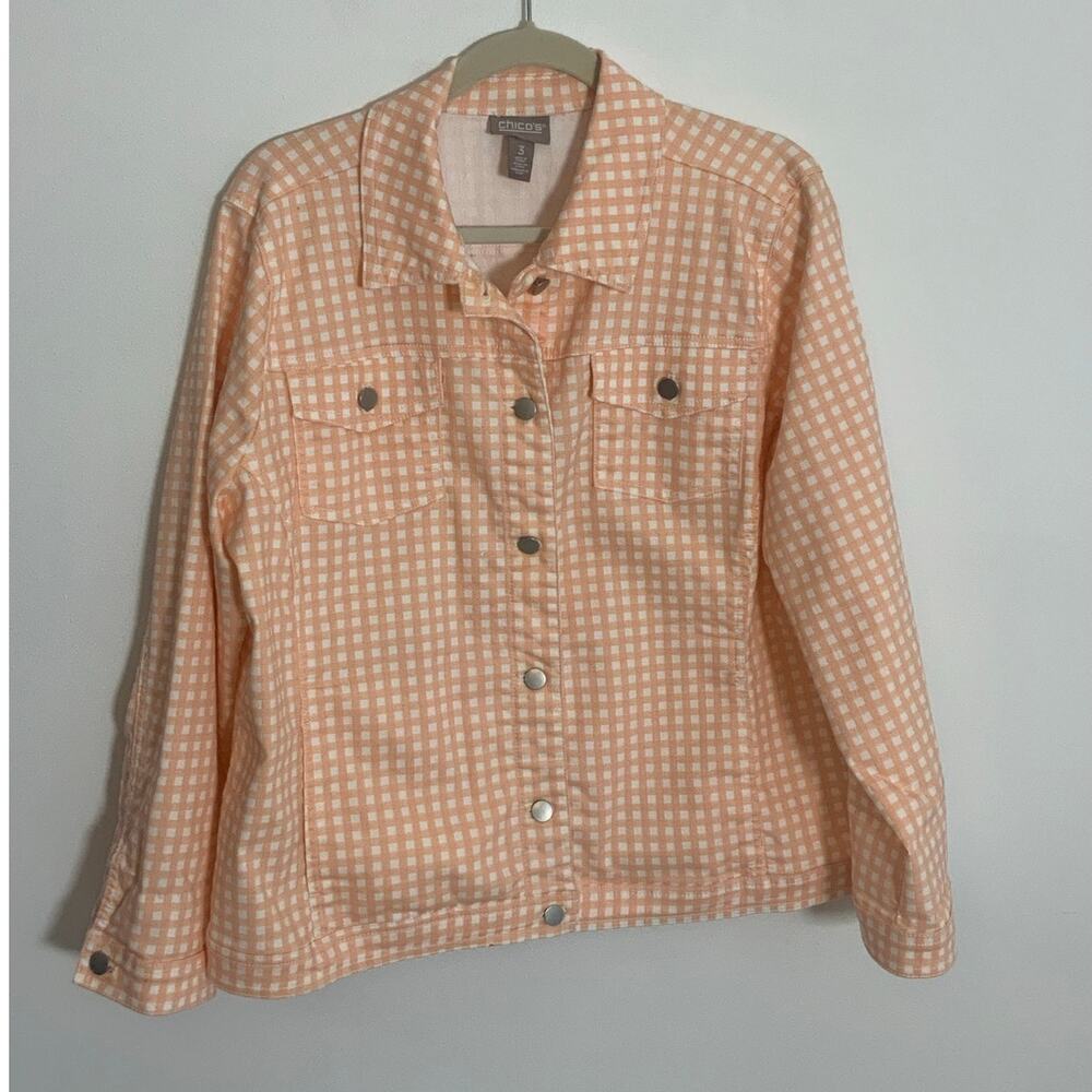 Chico's Peach and white checked denim jacket size 3
